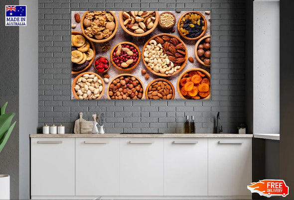 Nuts and Dried Fruits in Wooden Bowls Top View Photograph Print 100% Australian Made Stretched Canvas Ready to Hang - 2067