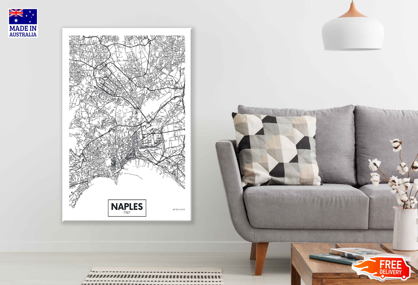 Naples City in Italy Detailed Map Print 100% Australian Made Stretched Canvas Ready to Hang - 2366