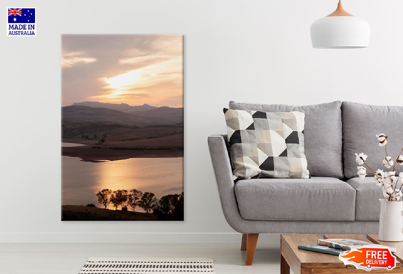 Landscape & Lake Sunrise Aerial Print 100% Australian Made Stretched Canvas Ready to Hang - 1086