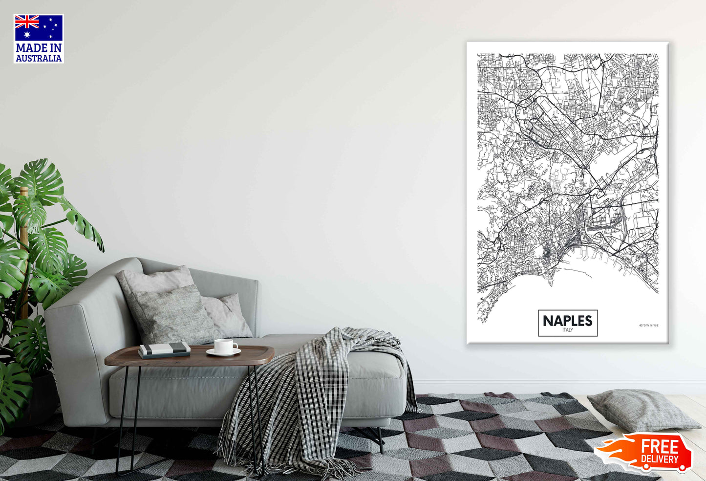 Naples City in Italy Detailed Map Print 100% Australian Made Stretched Canvas Ready to Hang - 2366