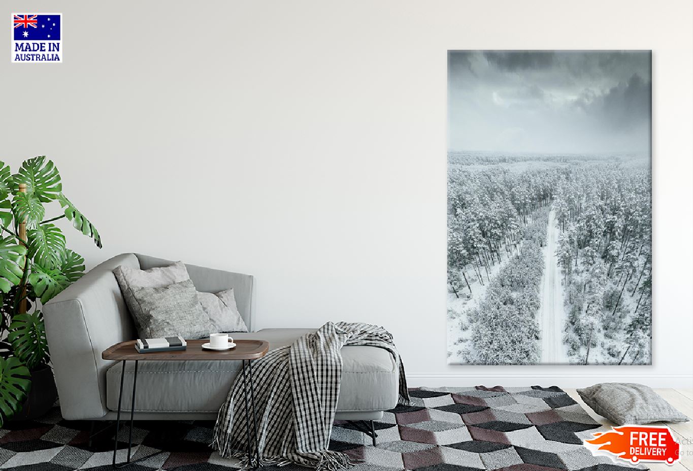 Snow Covered Forest Road Aerial Print 100% Australian Made Stretched Canvas Ready to Hang - 1087