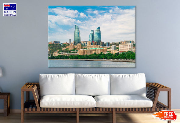 View of the Flame Towers in Baku Print 100% Australian Made Stretched Canvas Ready to Hang - 1536