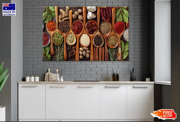 Vivid Spices in Wooden Spoons Top View Photograph Print 100% Australian Made Stretched Canvas Ready to Hang - 2068