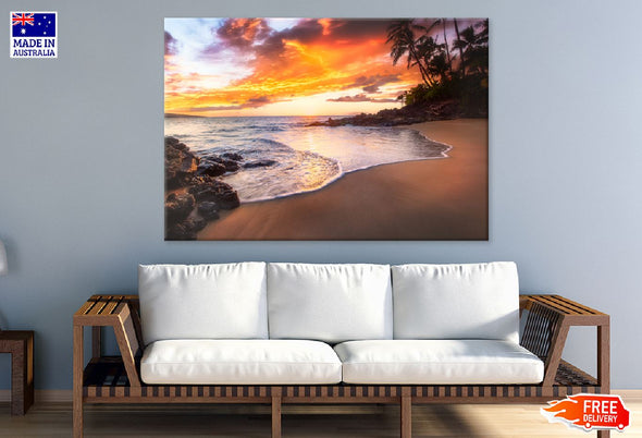 Sea & Palm Trees Sunset View Print 100% Australian Made Stretched Canvas Ready to Hang - 1435