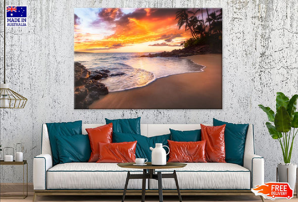 Sea & Palm Trees Sunset View Print 100% Australian Made Stretched Canvas Ready to Hang - 1435