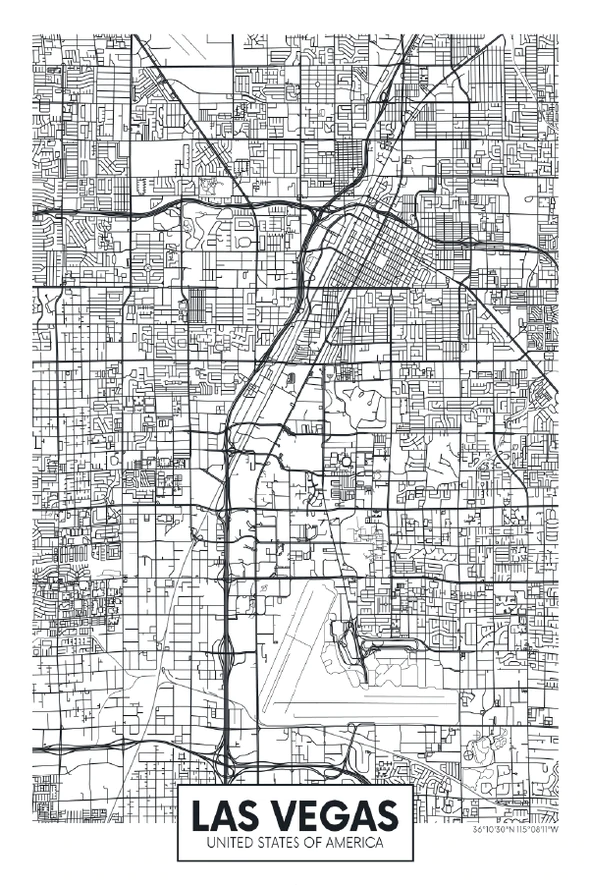 Las Vegas City in USA Detailed Map Print 100% Australian Made Stretched Canvas Ready to Hang - 2369