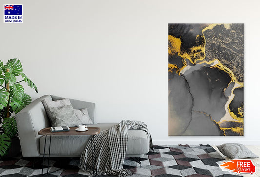 Dark Gold Splash & Black Abstract Design Print 100% Australian Made Stretched Canvas Ready to Hang - 1189