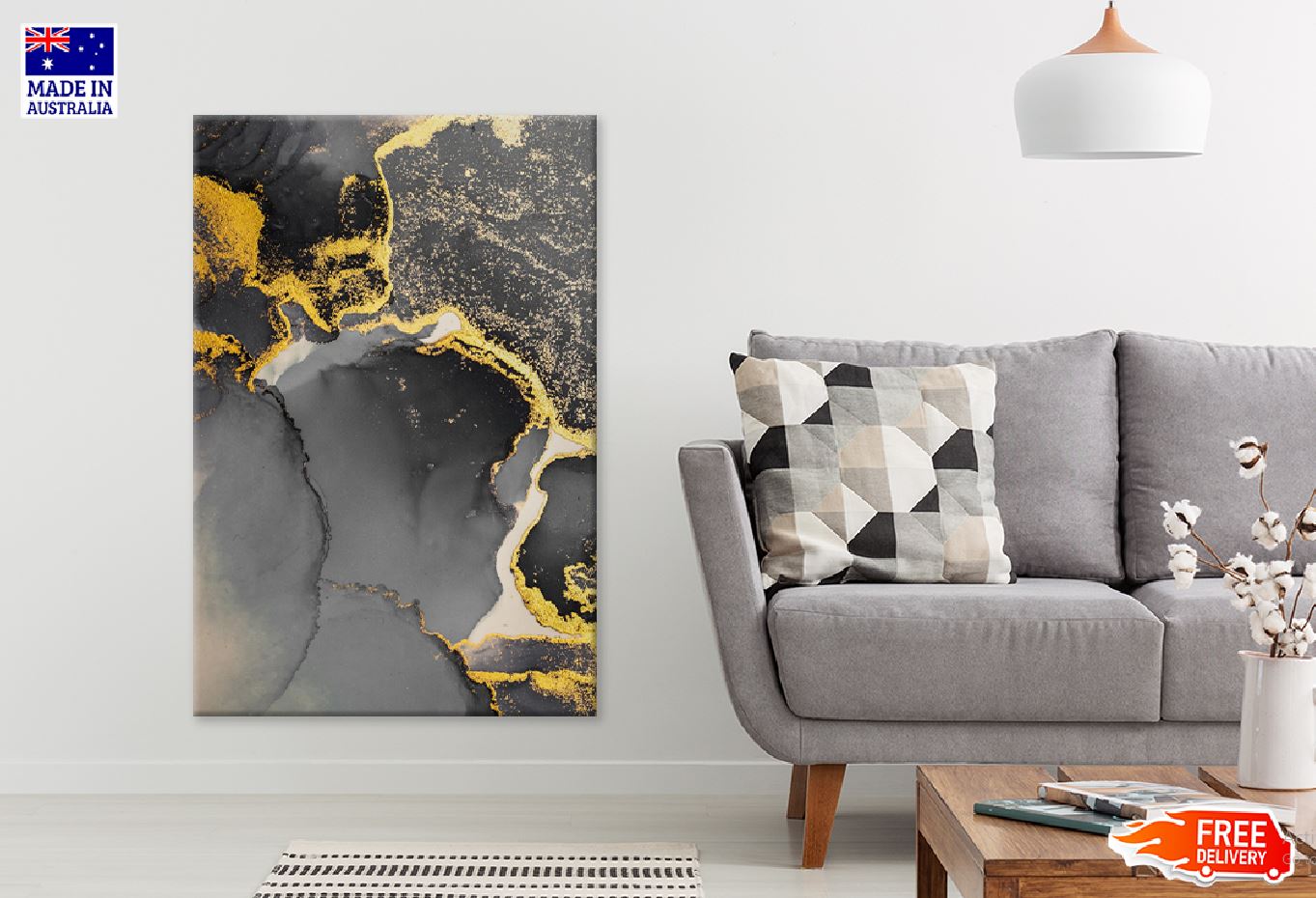 Dark Gold Splash & Black Abstract Design Print 100% Australian Made Stretched Canvas Ready to Hang - 1189