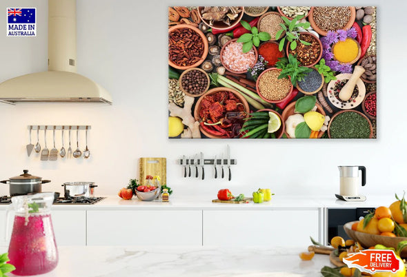 Herb and Spice Assortment in Bowls Top View Photograph Print 100% Australian Made Stretched Canvas Ready to Hang - 2070