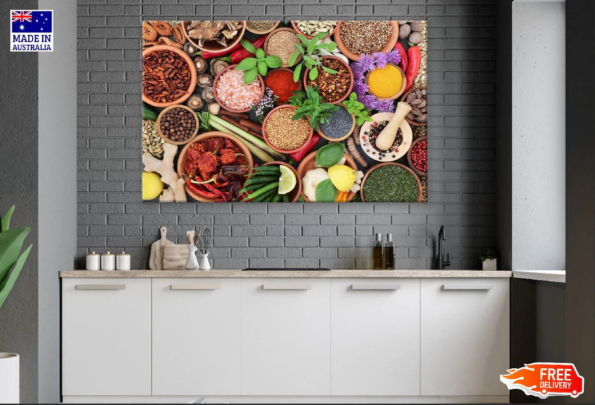 Herb and Spice Assortment in Bowls Top View Photograph Print 100% Australian Made Stretched Canvas Ready to Hang - 2070