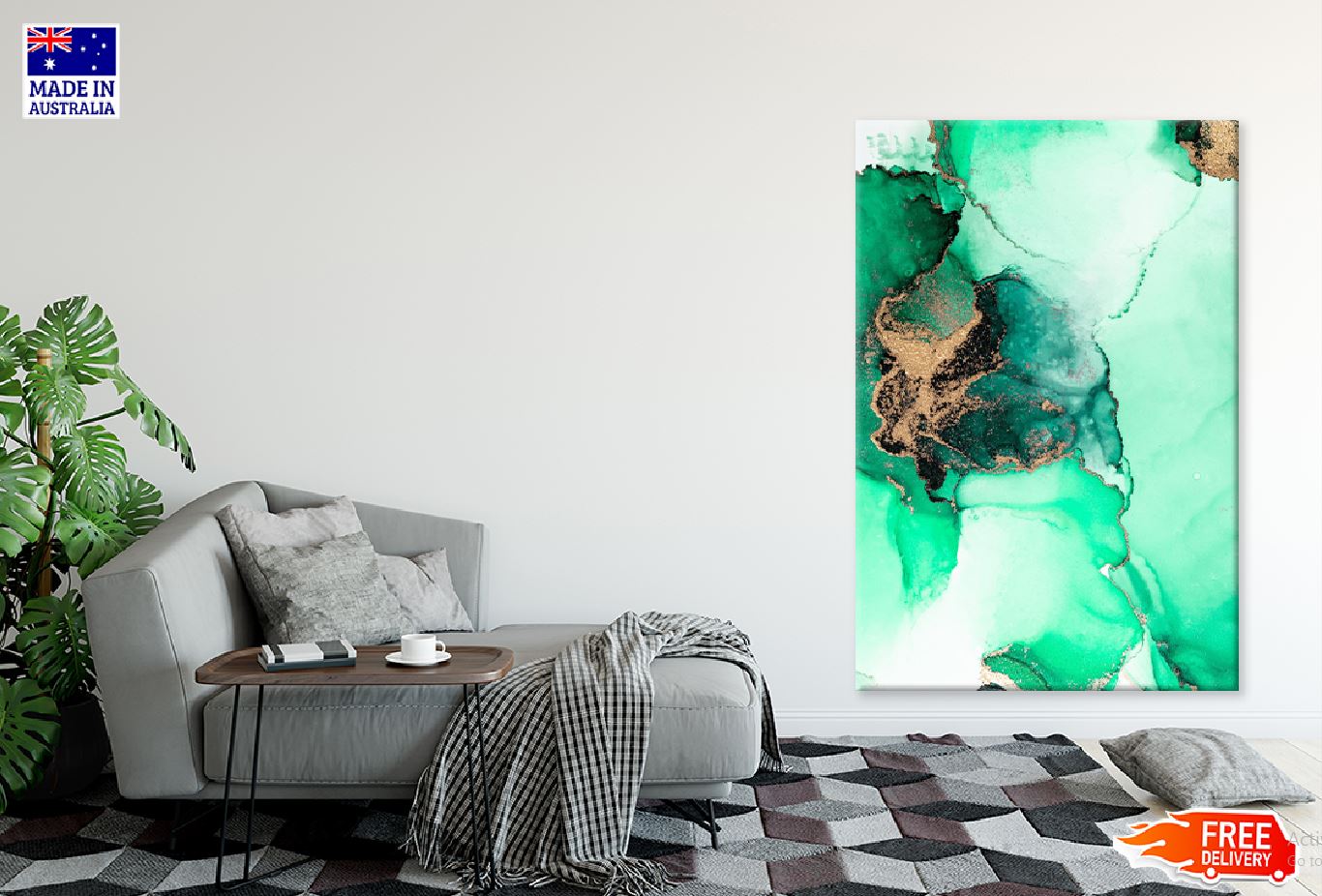 Green & Gold Splash Abstract Art Design Print 100% Australian Made Stretched Canvas Ready to Hang - 1190