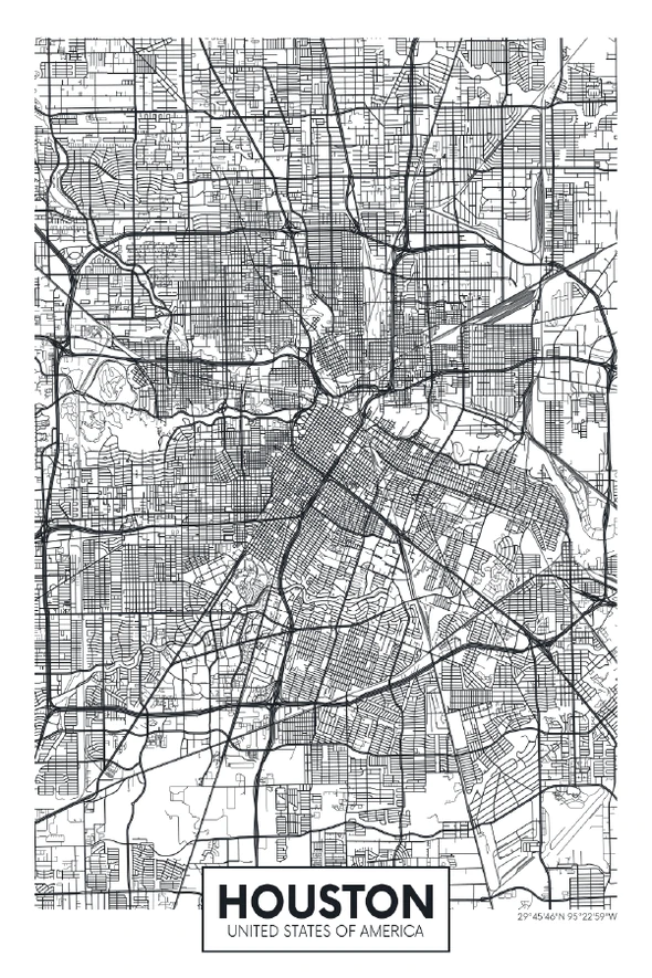 Houston City in USA Detailed Map Print 100% Australian Made Stretched Canvas Ready to Hang - 2371