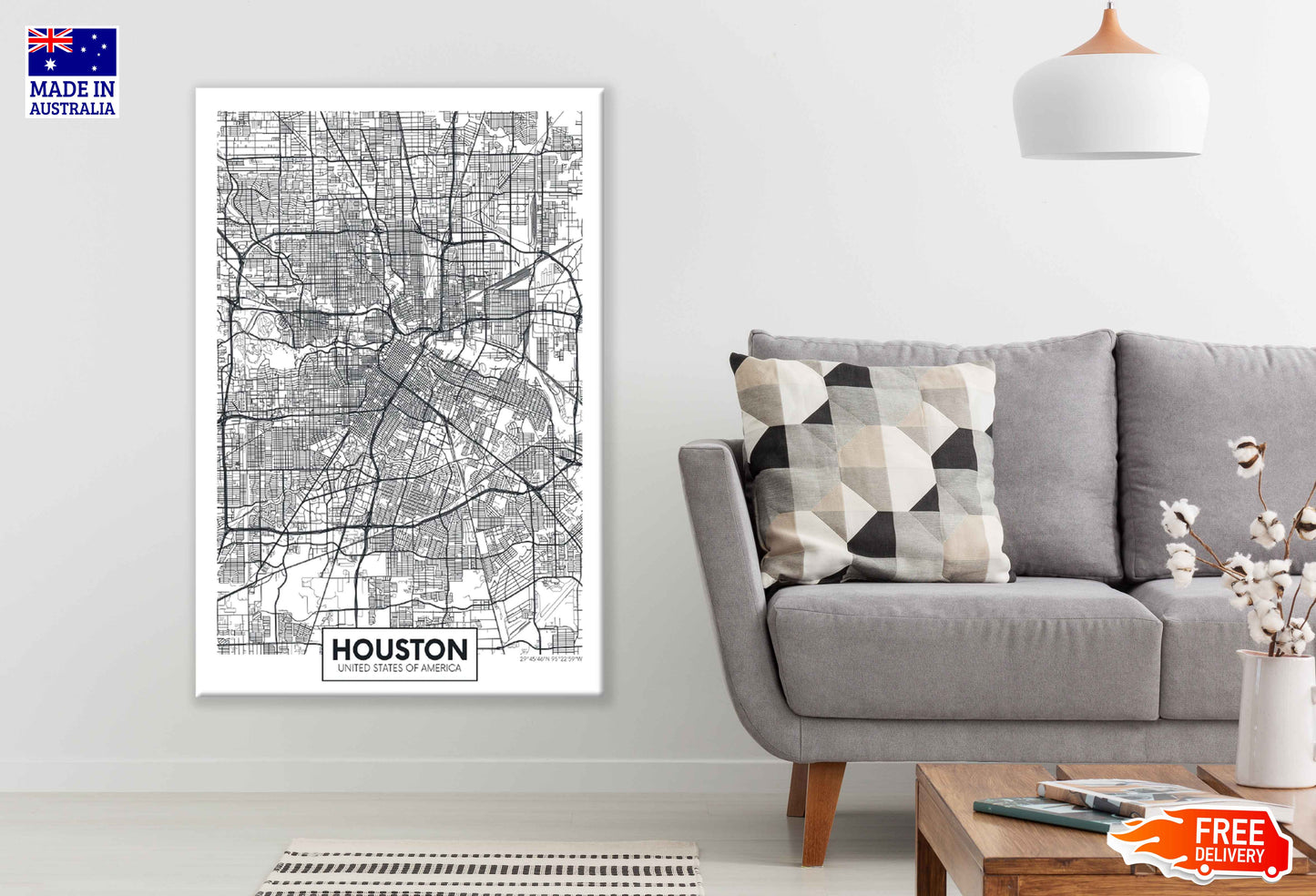 Houston City in USA Detailed Map Print 100% Australian Made Stretched Canvas Ready to Hang - 2371