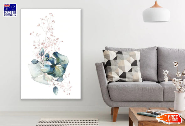 Leaves & Blue Flowers Watercolor Line Art Design Print 100% Australian Made Stretched Canvas Ready to Hang - 1871