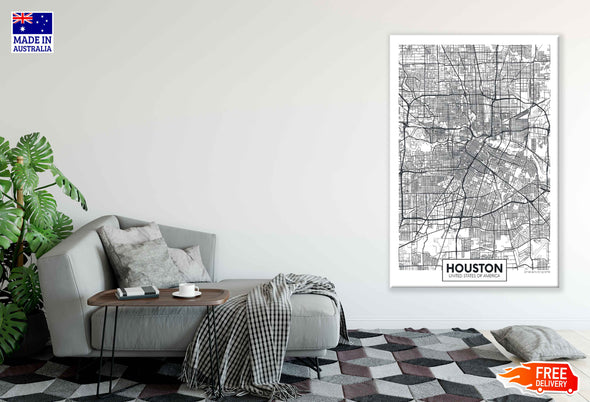 Houston City in USA Detailed Map Print 100% Australian Made Stretched Canvas Ready to Hang - 2371