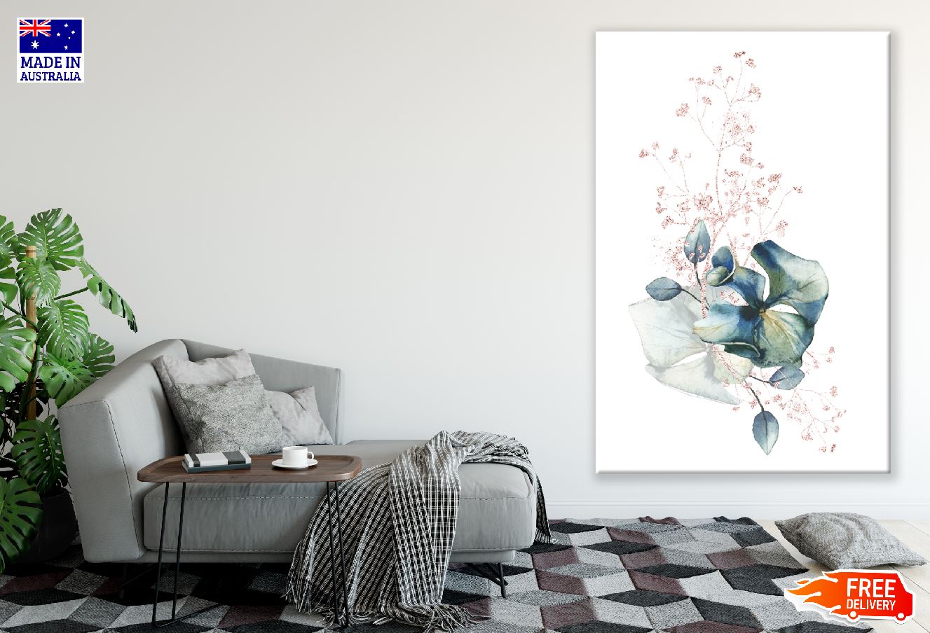 Leaves & Blue Flowers Watercolor Line Art Design Print 100% Australian Made Stretched Canvas Ready to Hang - 1871