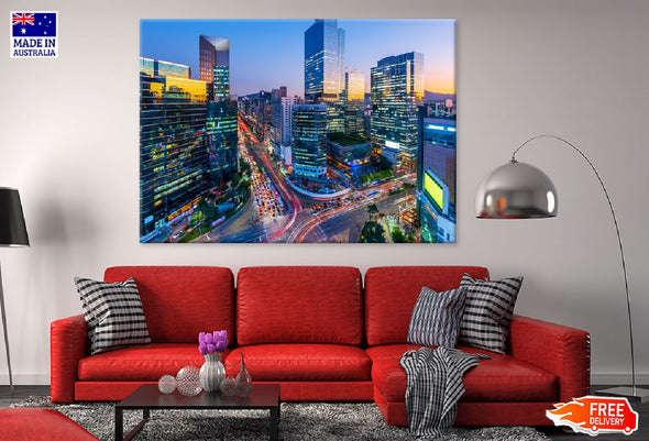 Traffic of Seoul City Night View Print 100% Australian Made Stretched Canvas Ready to Hang - 1459