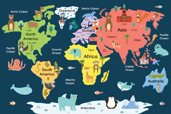 World Map with Vector Animals Art Print 100% Australian Made Stretched Canvas Ready to Hang - 2290