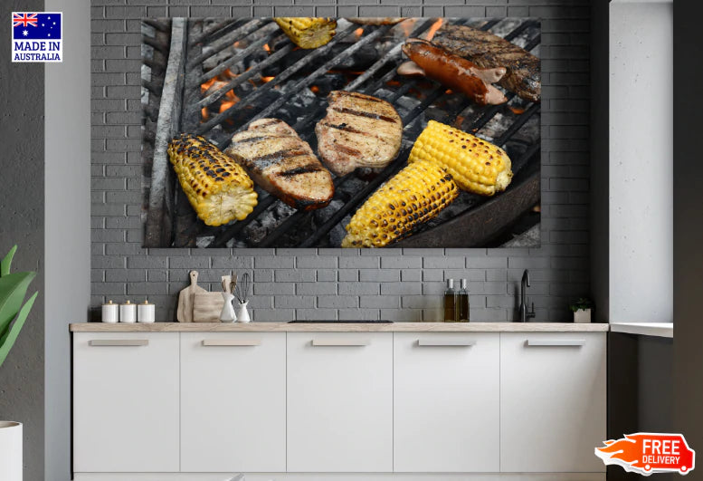 Grilled Meat With Corn Photograph Print 100% Australian Made Stretched Canvas Ready to Hang - 1991