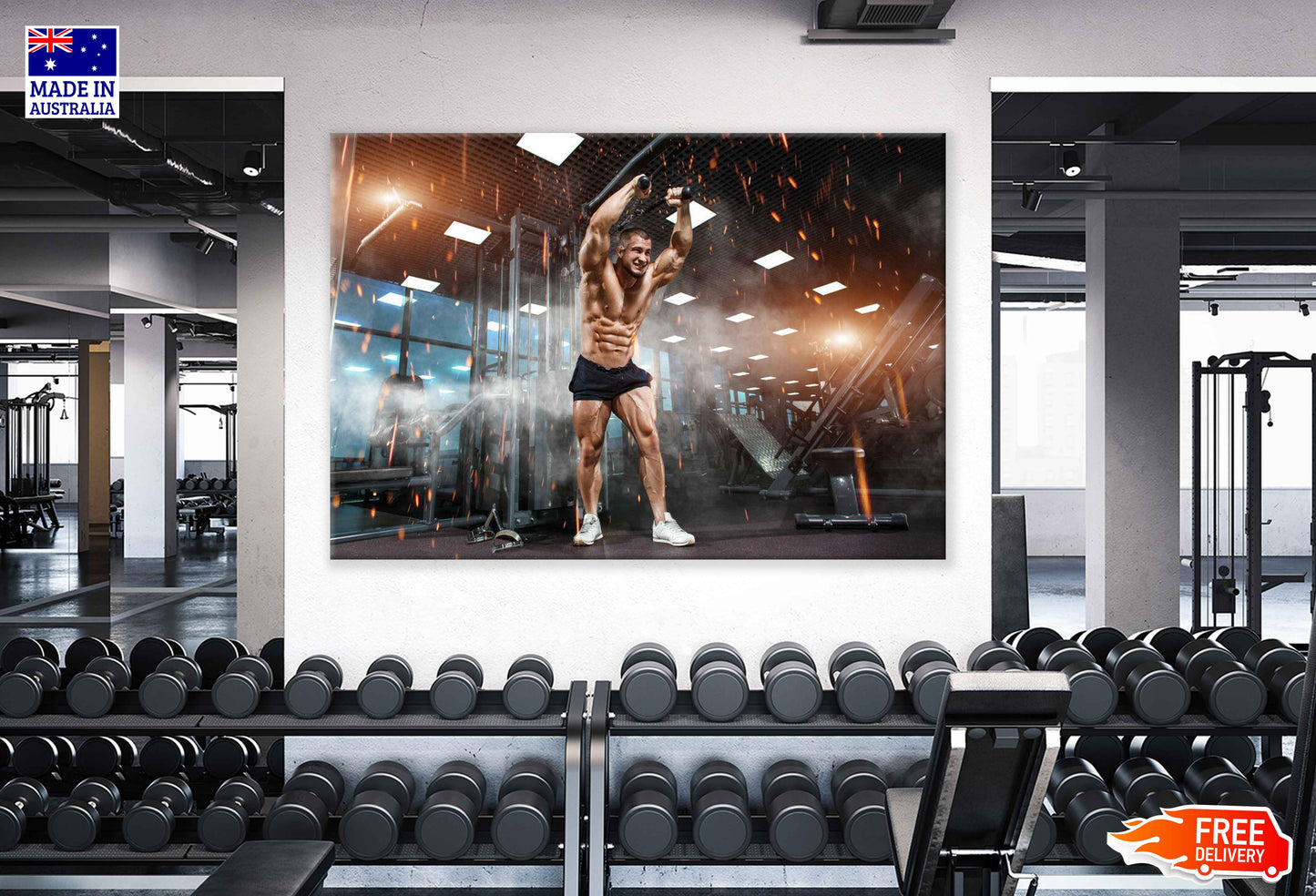 Strong Athletic Man Bodybuilder Showing Muscles in Gym Print 100% Australian Made Stretched Canvas Ready to Hang - 2191