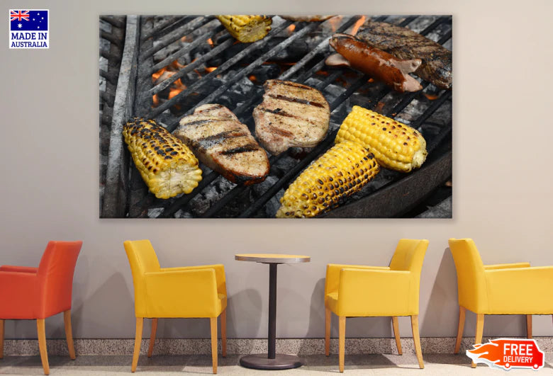 Grilled Meat With Corn Photograph Print 100% Australian Made Stretched Canvas Ready to Hang - 1991