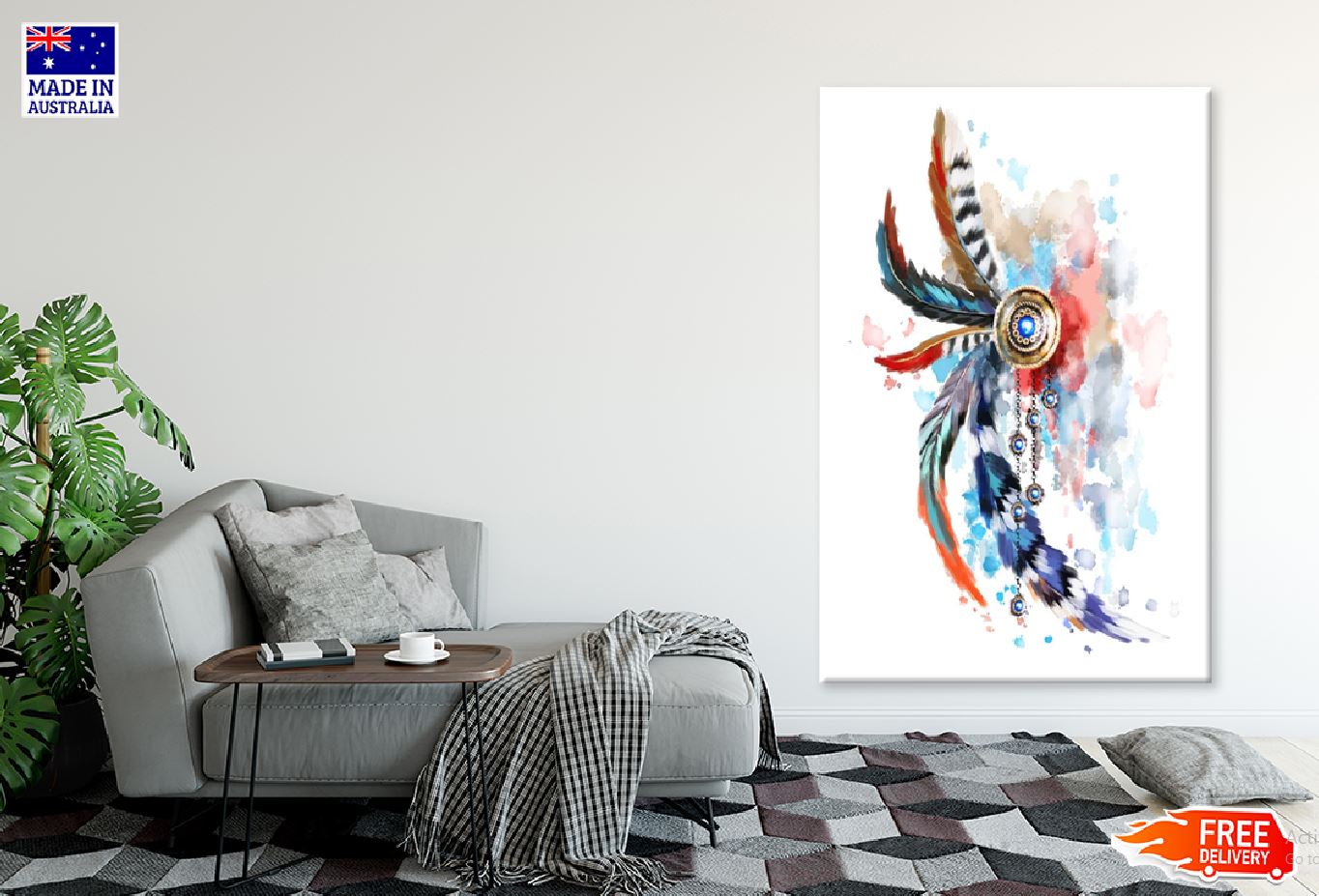 Colourful Bohemian Feather Watercolor Painting Print 100% Australian Made Stretched Canvas Ready to Hang - 1964