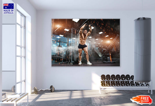 Strong Athletic Man Bodybuilder Showing Muscles in Gym Print 100% Australian Made Stretched Canvas Ready to Hang - 2191