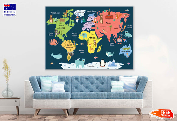 World Map with Vector Animals Art Print 100% Australian Made Stretched Canvas Ready to Hang - 2290