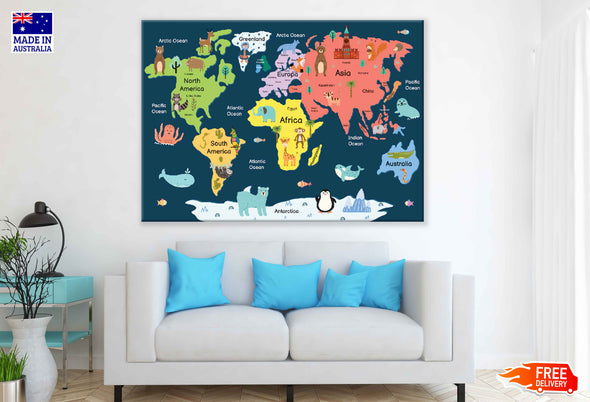 World Map with Vector Animals Art Print 100% Australian Made Stretched Canvas Ready to Hang - 2290