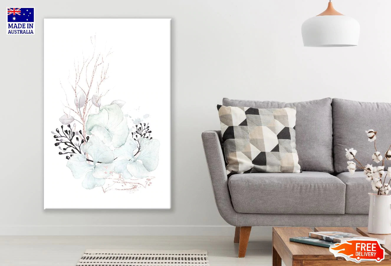 Leaves & Flowers with Branches Watercolor Line Art Design Print 100% Australian Made Stretched Canvas Ready to Hang - 1873