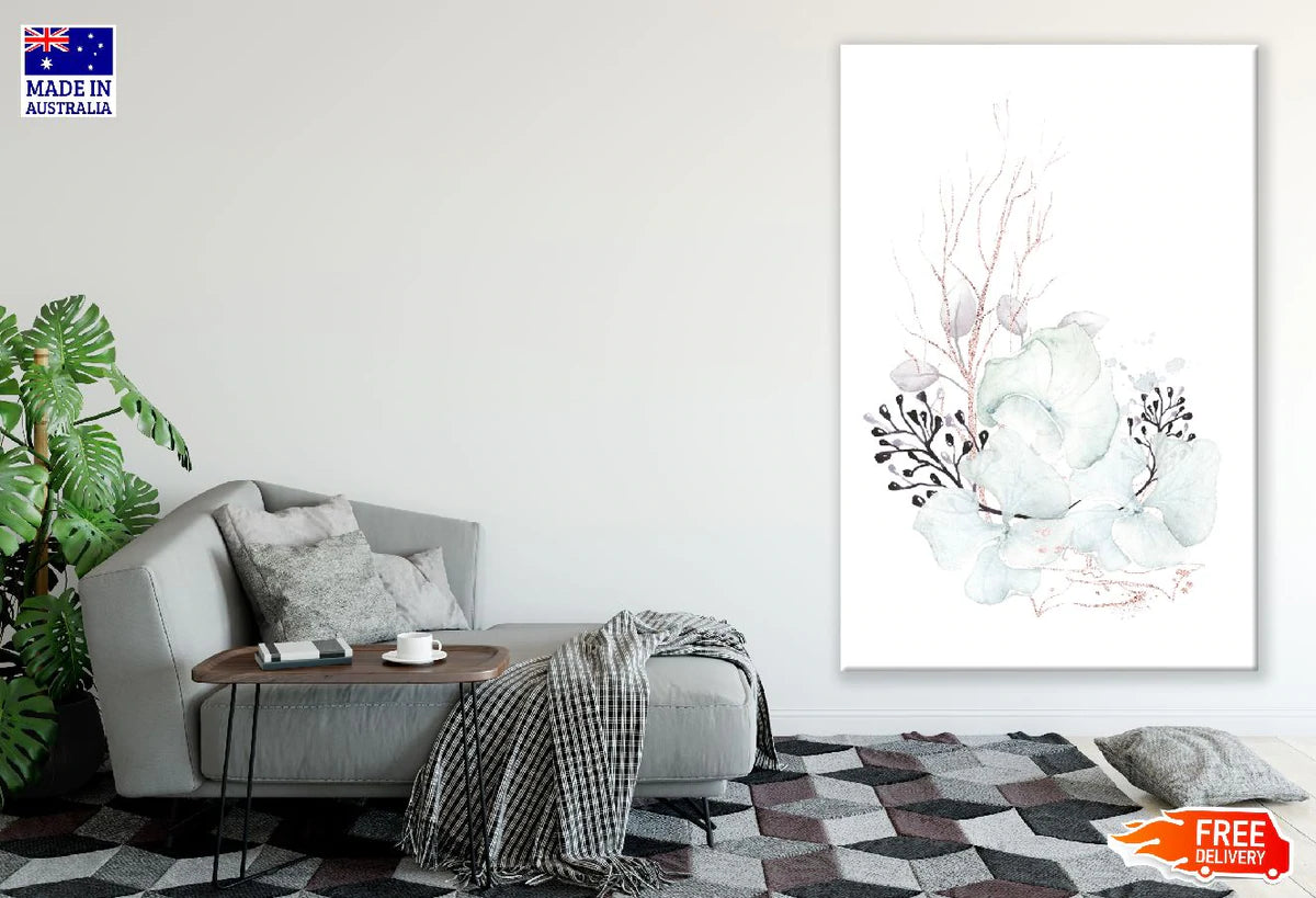 Leaves & Flowers with Branches Watercolor Line Art Design Print 100% Australian Made Stretched Canvas Ready to Hang - 1873