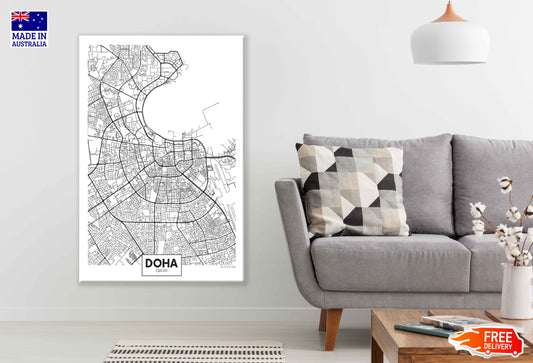 Doha City in Qatar Detailed Map Print 100% Australian Made Stretched Canvas Ready to Hang - 2374