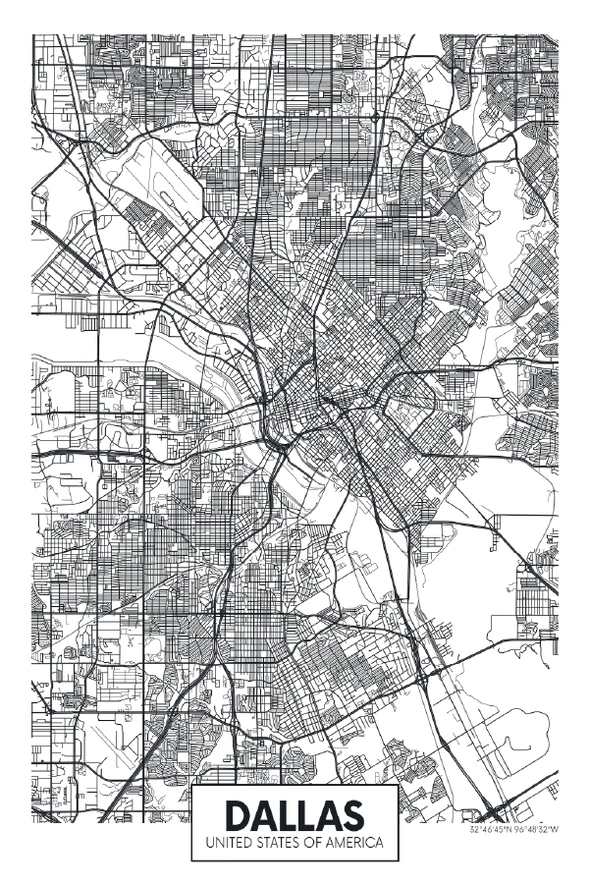 Dallas City in USA Detailed Map Print 100% Australian Made Stretched Canvas Ready to Hang - 2375