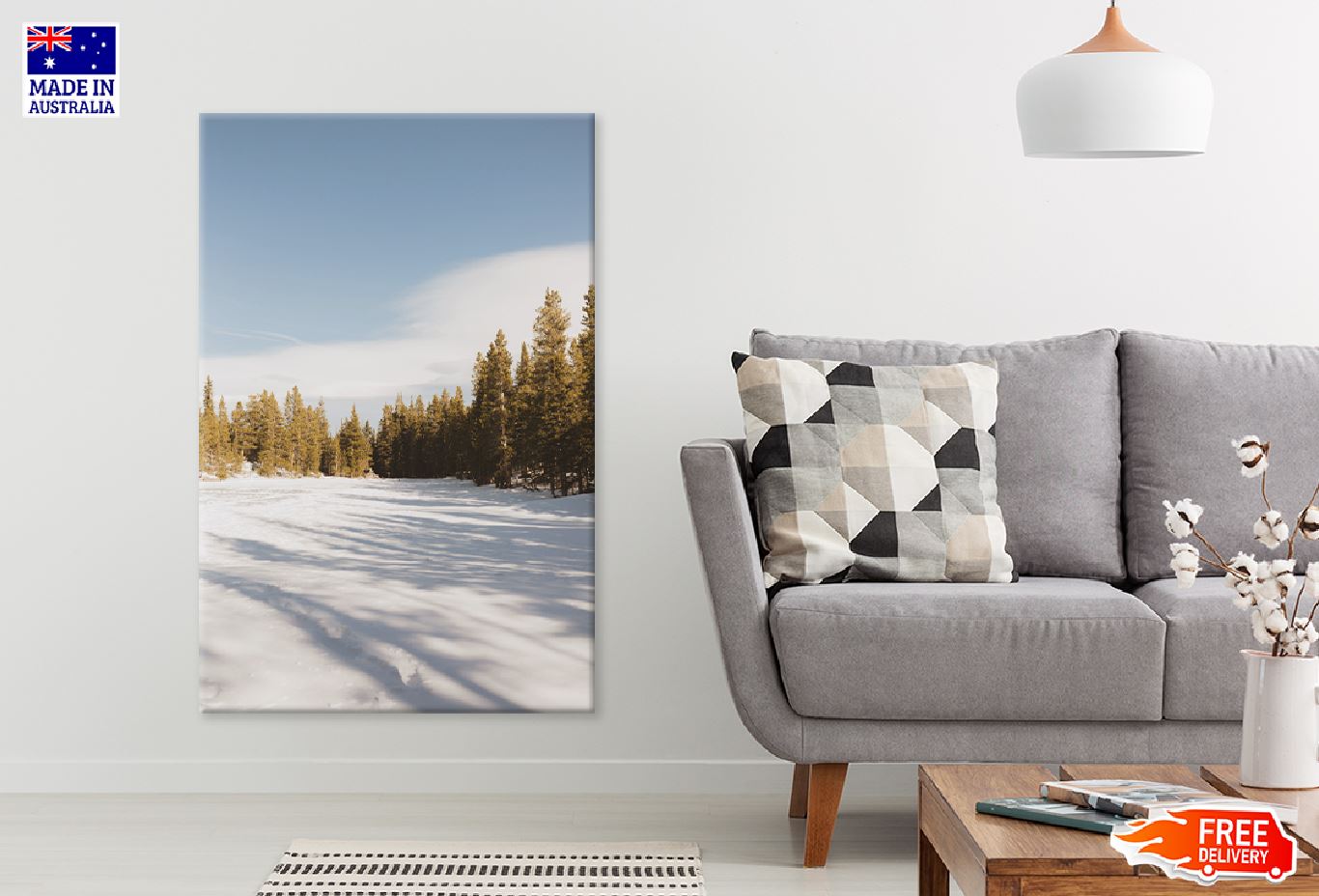 Green Pine Trees on Snow Field Print 100% Australian Made Stretched Canvas Ready to Hang - 1095