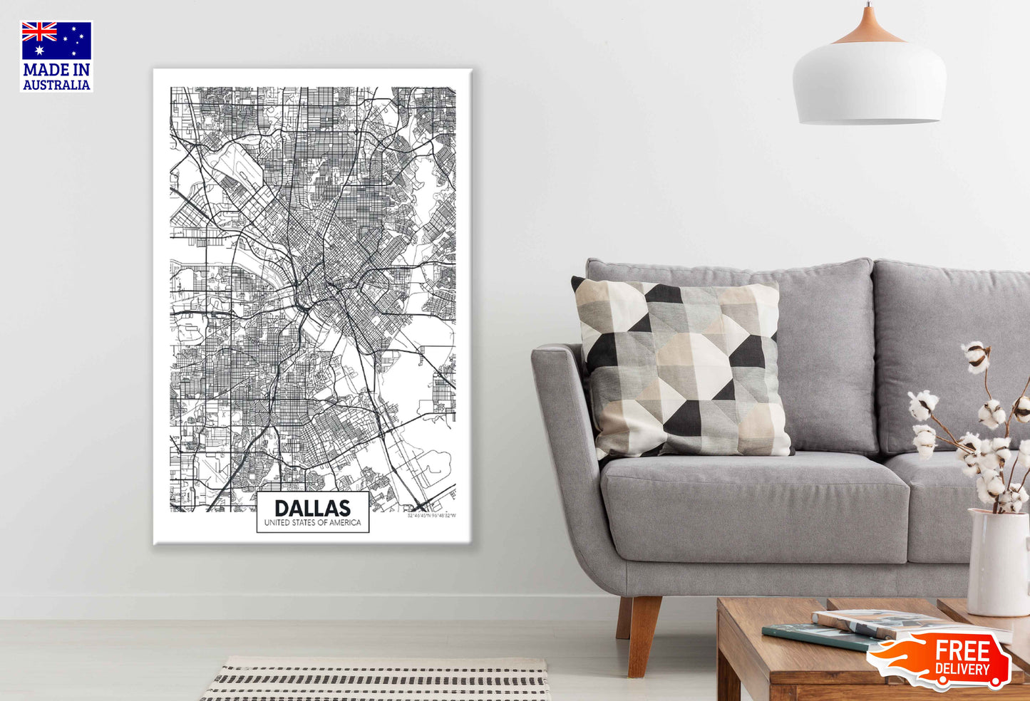 Dallas City in USA Detailed Map Print 100% Australian Made Stretched Canvas Ready to Hang - 2375