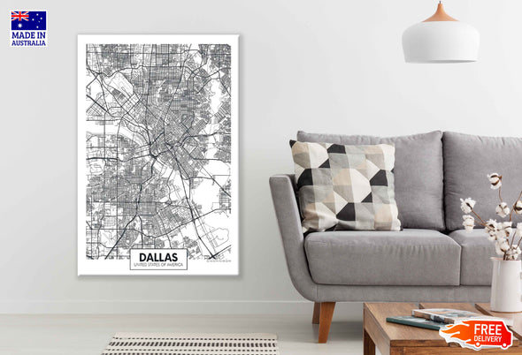 Dallas City in USA Detailed Map Print 100% Australian Made Stretched Canvas Ready to Hang - 2375