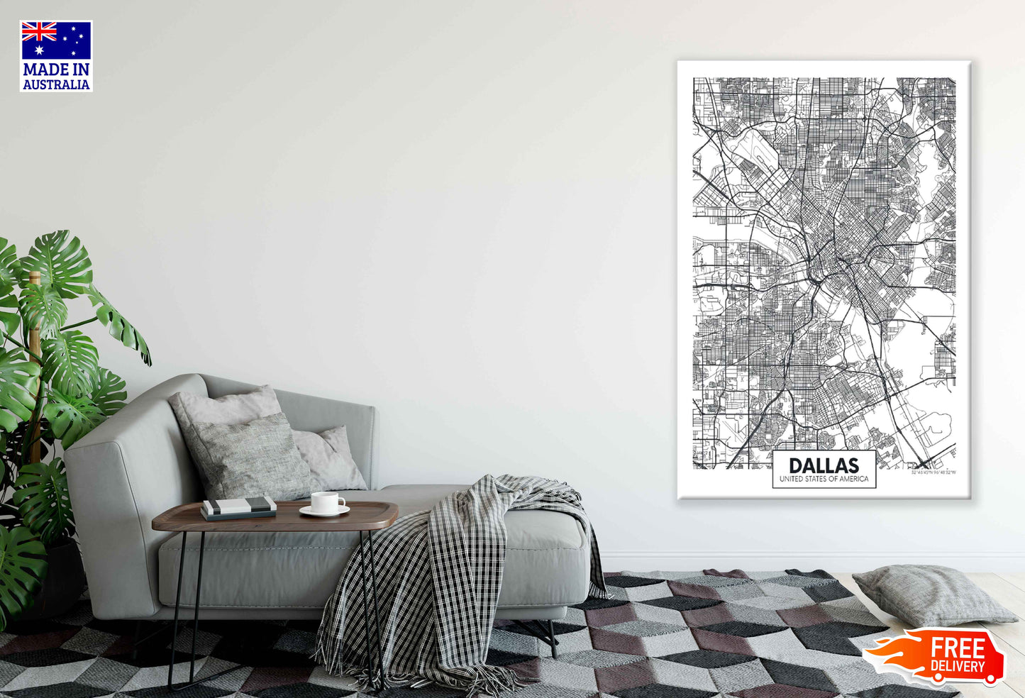 Dallas City in USA Detailed Map Print 100% Australian Made Stretched Canvas Ready to Hang - 2375