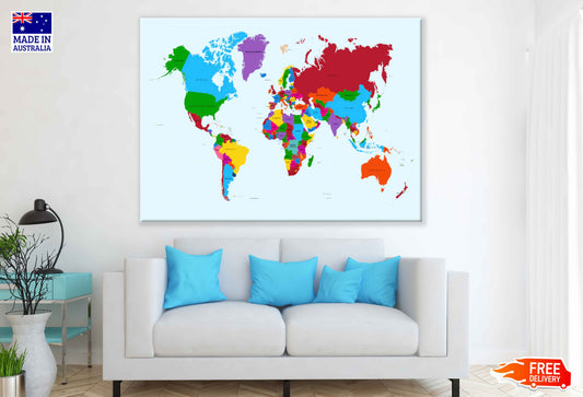 Colorful World Map Vector Art Print 100% Australian Made Stretched Canvas Ready to Hang - 2376