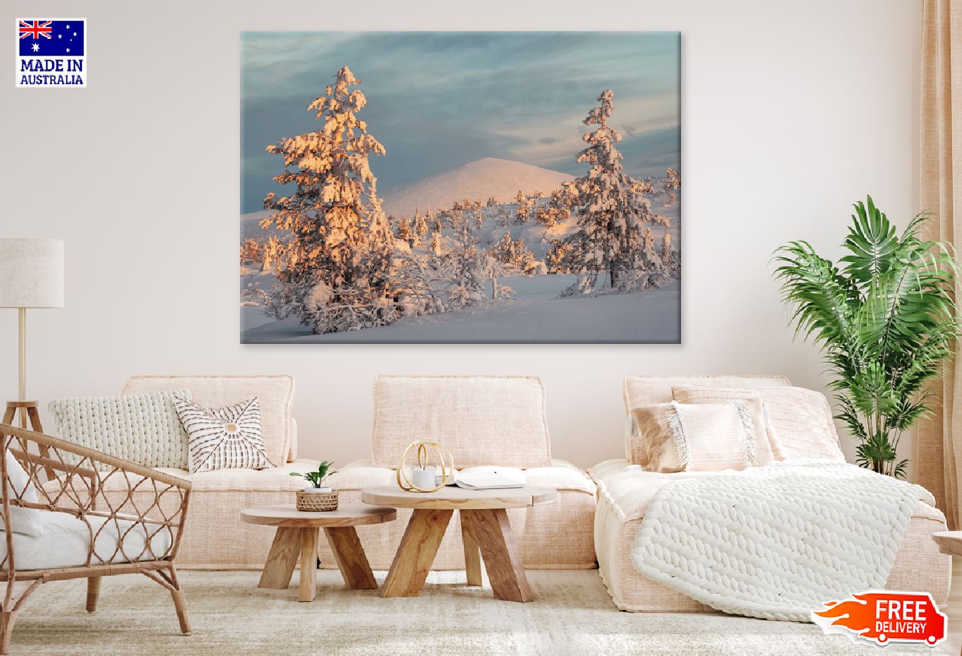 Snow Covered Fir Trees Sunset Print 100% Australian Made Stretched Canvas Ready to Hang - 1774