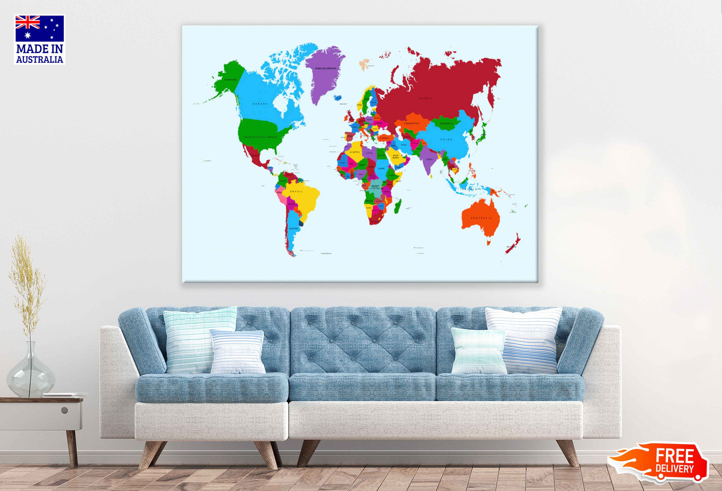 Colorful World Map Vector Art Print 100% Australian Made Stretched Canvas Ready to Hang - 2376