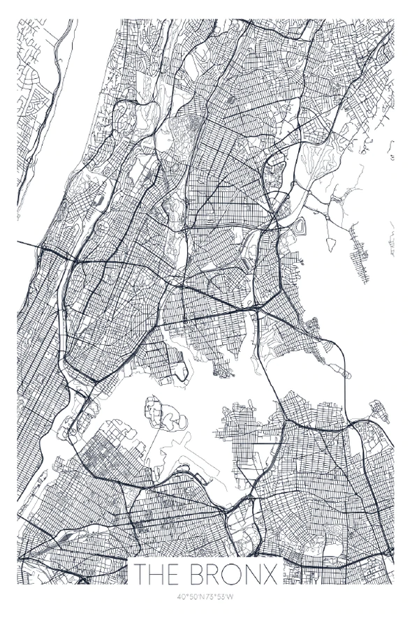 Bronx New York City, Detailed Map Print 100% Australian Made Stretched Canvas Ready to Hang - 2378