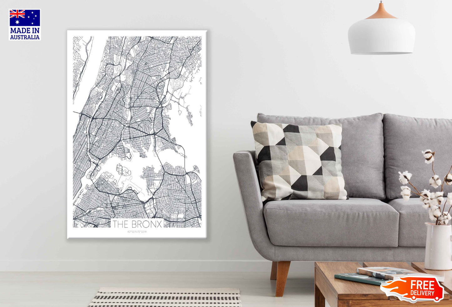 Bronx New York City, Detailed Map Print 100% Australian Made Stretched Canvas Ready to Hang - 2378