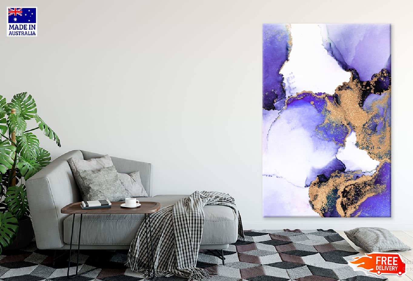 Purple Gold Marble Ink Abstract Design Print 100% Australian Made Stretched Canvas Ready to Hang - 1198