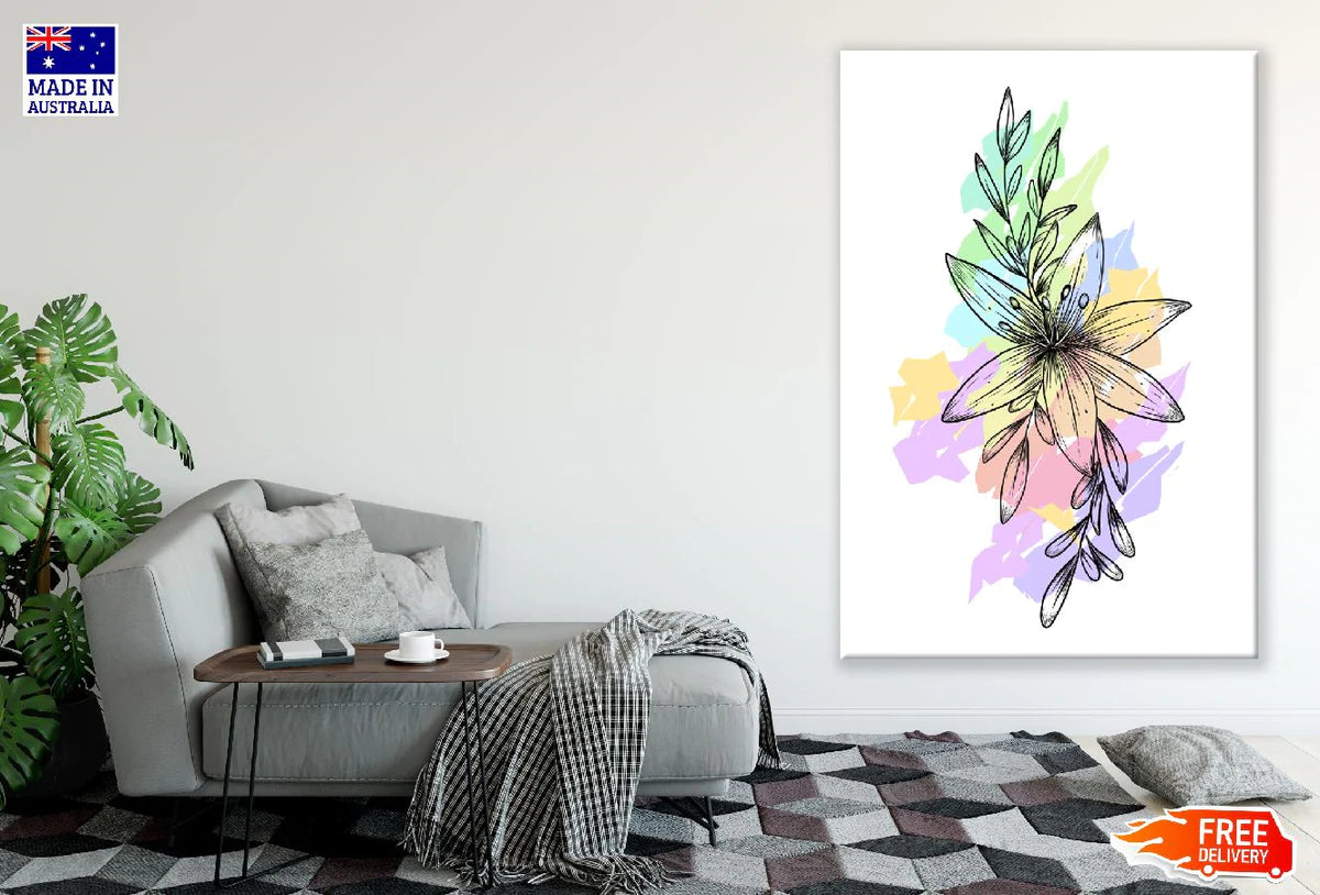 Colorful Flower With Leaves Line Art Design Print 100% Australian Made Stretched Canvas Ready to Hang - 1879