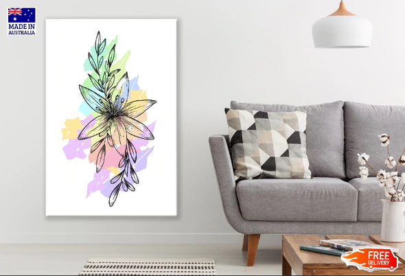 Colorful Flower With Leaves Line Art Design Print 100% Australian Made Stretched Canvas Ready to Hang - 1879