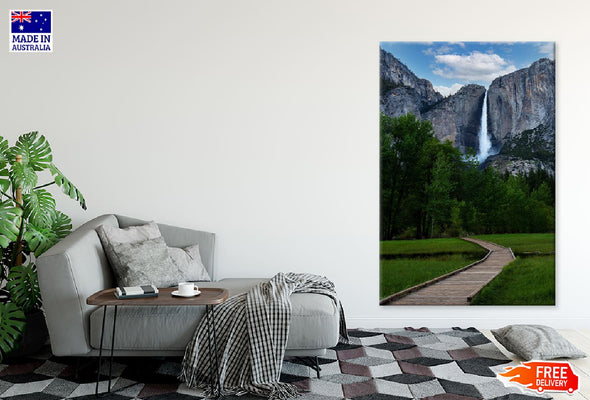 Path Leading & Waterfall Cloudy Print 100% Australian Made Stretched Canvas Ready to Hang - 1100