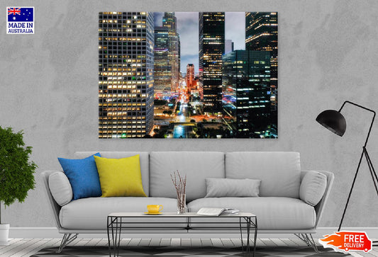 City Night Lights Buildings View Print 100% Australian Made Stretched Canvas Ready to Hang - 1549