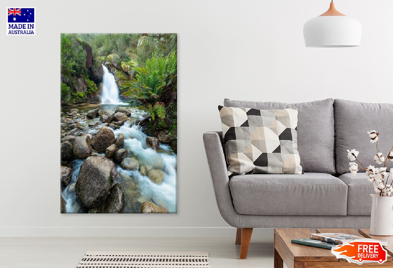 Waterfall Flowing Near Lots Rocks Print 100% Australian Made Stretched Canvas Ready to Hang - 1101