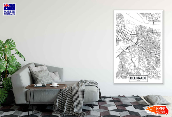 Belgrade City in Serbia Detailed Map Print 100% Australian Made Stretched Canvas Ready to Hang - 2381