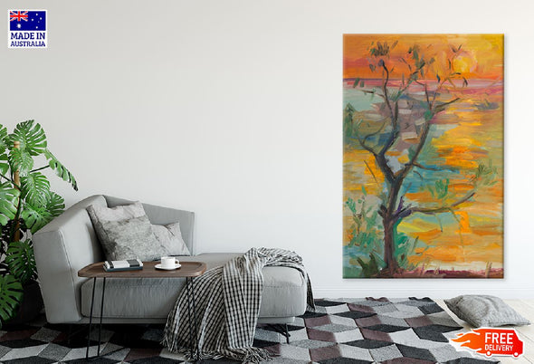 Tree with Sunset Oil Painting Print 100% Australian Made Stretched Canvas Ready to Hang - 1779